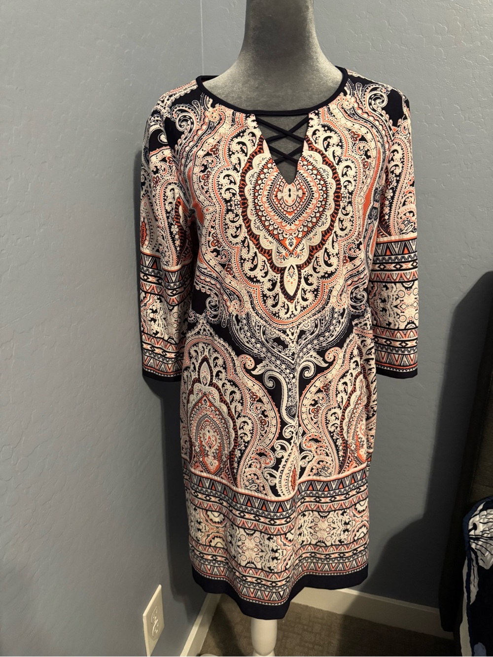 Sandra Darren Paisley Lace-Up Shift Dress in Navy and Coral